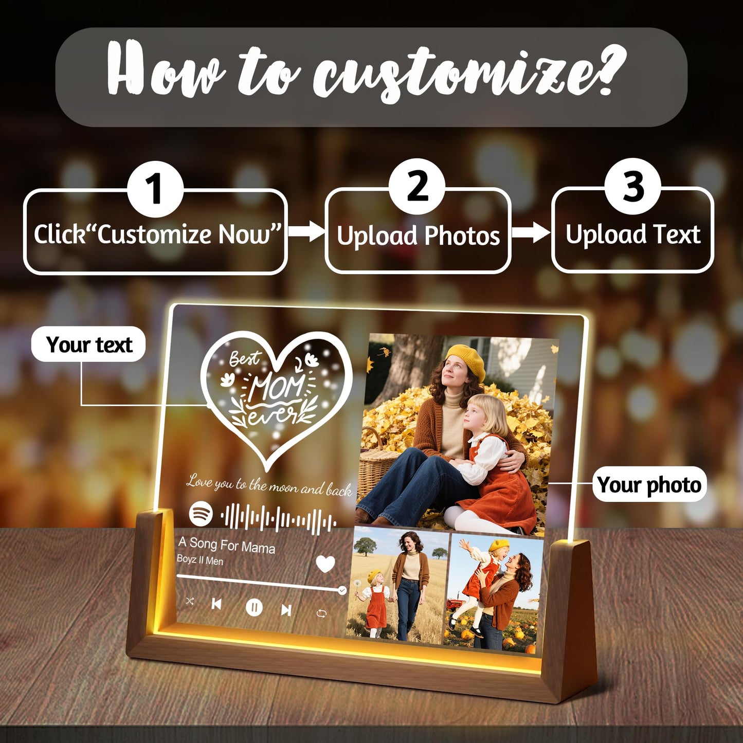 Personalized Mothers Day Birthday Gifts For Mom Grandma Wife  Custom Best Mom Christmas Gifts From Daughter Son Husband  Customized Acrylic Spotify Plaque With Photo Name Light Up Picture Frame