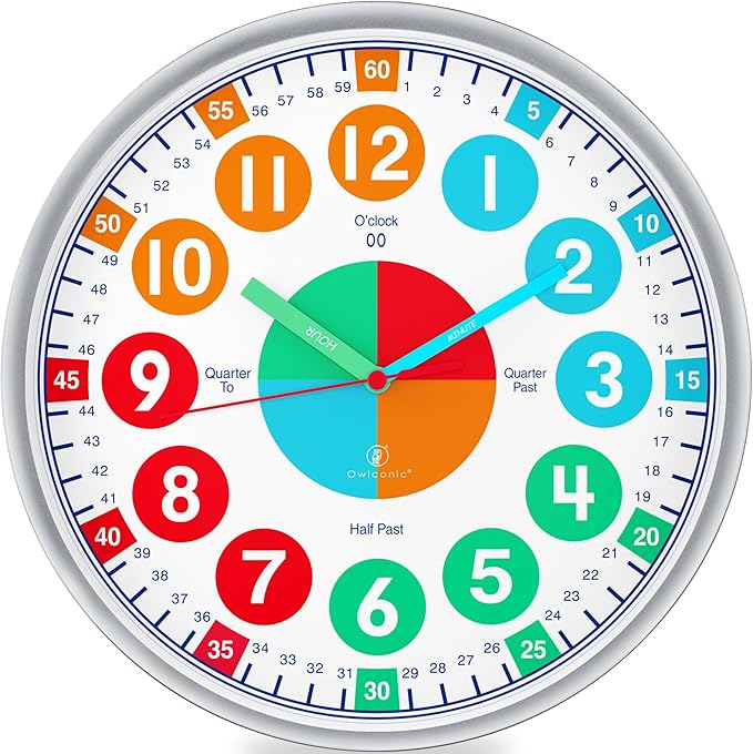 OWLCONIC Telling Time Teaching Clock for Kids - Educational Analog Wall Clock for Bedrooms, Playroom, Classroom Learning - Silent Kids Wall Clock for Learning to Tell Time