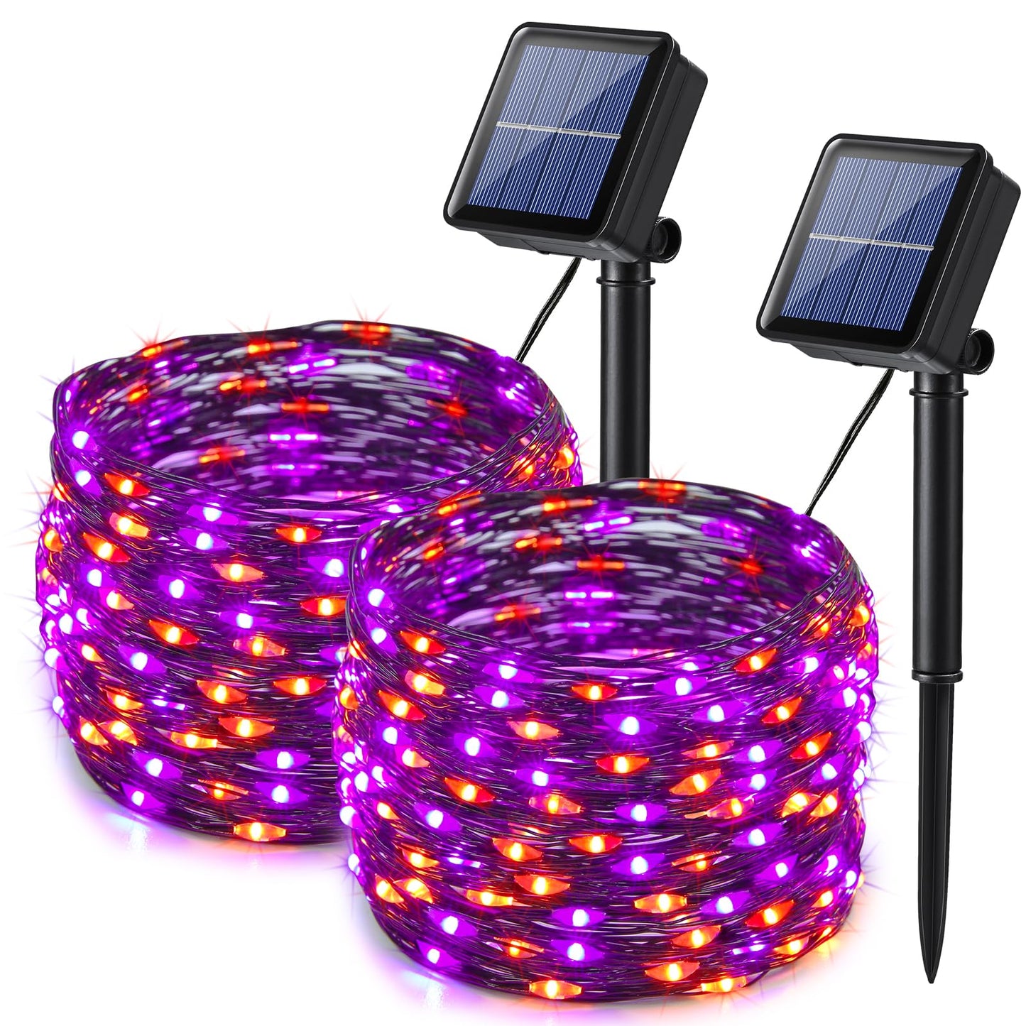 Lomotech Halloween Solar Lights 2 Pack, 66Ft 200Led Waterproof Twinkle Lights, Purple & Orange, 8 Modes For Outdoor Decoration