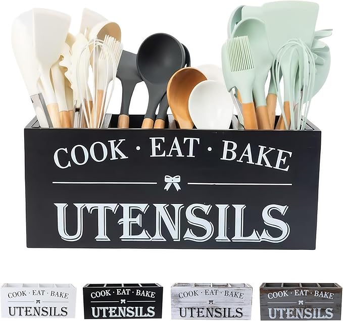 Utensil Holder,Extra Large Wooden Utensil Holder For Kitchen Counter,Cooking Spatula Organizer,Big Storage Caddy With 4 Compartments Flatware Spoon Tool Cutlery（Black）