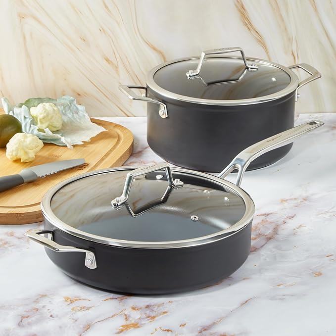 BergHOFF Essentials 10Pc Non-stick Hard Anodized Cookware Set With Glass lid, FernoGreen Non-toxic Nonstick Coating, Stainless Steel Handle, Induction Pots and Pans, Black