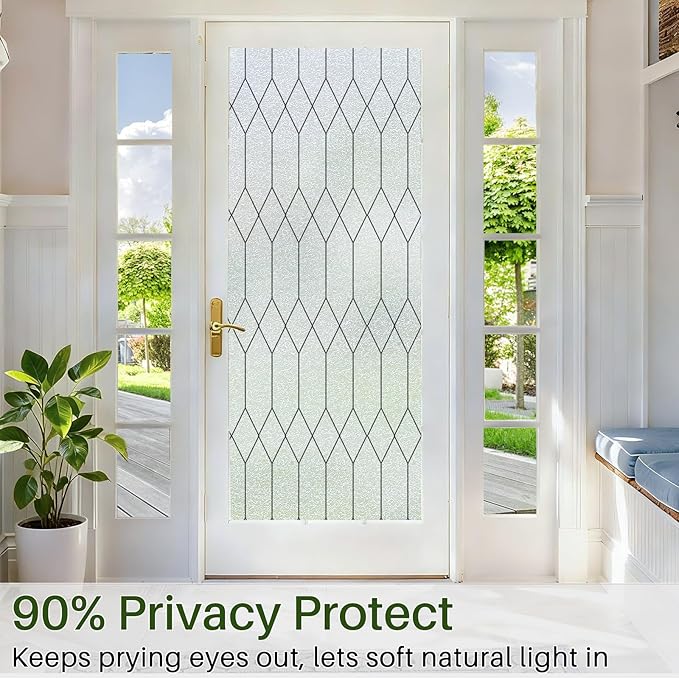 Windimiley Window Privacy Film Stained Glass Static Clings, Bathroom Frosted Leaded Decorative Window Stickers, UV Heat Blocking Opaque Removable for Home Door Coverings (29.5 x 157.5in,Pure)
