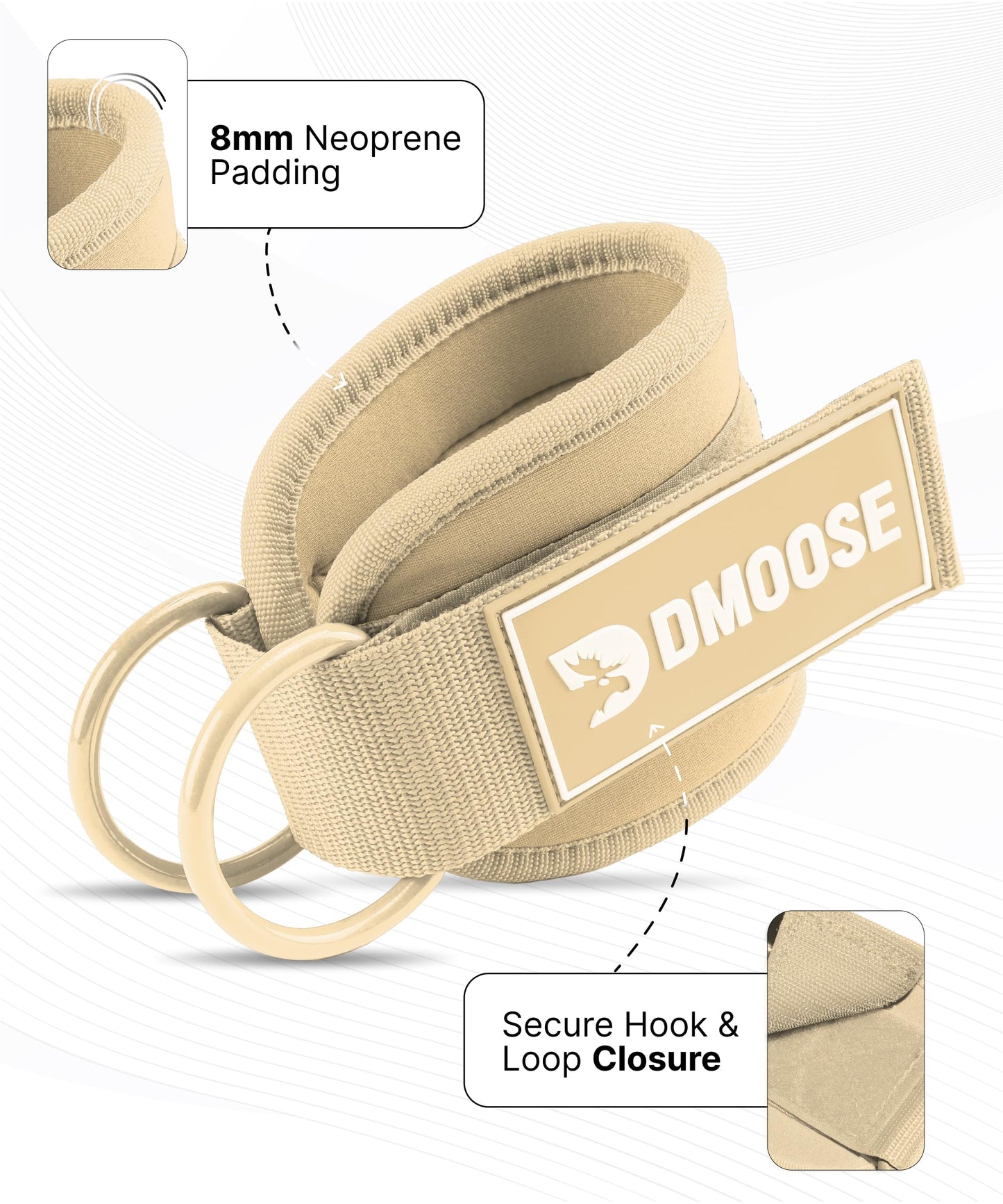 DMoose Fitness Ankle Straps for Cable Machines - One Size Fit Premium Padding, Glute Kickback Ankle Strap for Women & Men, Cable Attachments for Gym & Booty Workouts & Hip Abductors (Beige - Pair)