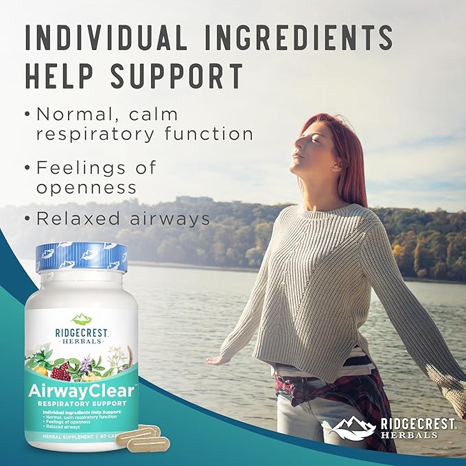 Ridgecrest Herbals AirwayClear, Lung Health and Breathing Support Supplements with Schisandra Fruit, Cassia Bark and Ginger Root, Sinus, Mucus Support, Gluten Free (60 Vegan Caps, 30 Serv)