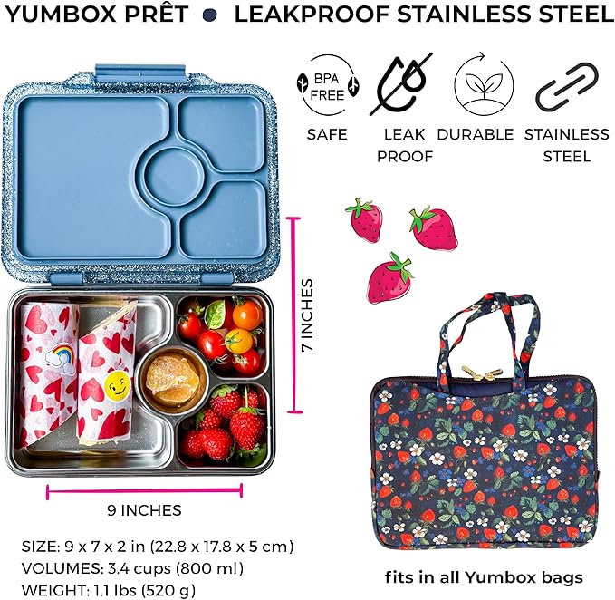 Yumbox Prêt Stainless Steel Leakproof Bento Lunch Box – 3-Compartment, Sandwich-Friendly Tray for Kids & Adults, Reusable, BPA-Free, Easy Open Latch (Paris Blue Glitter)