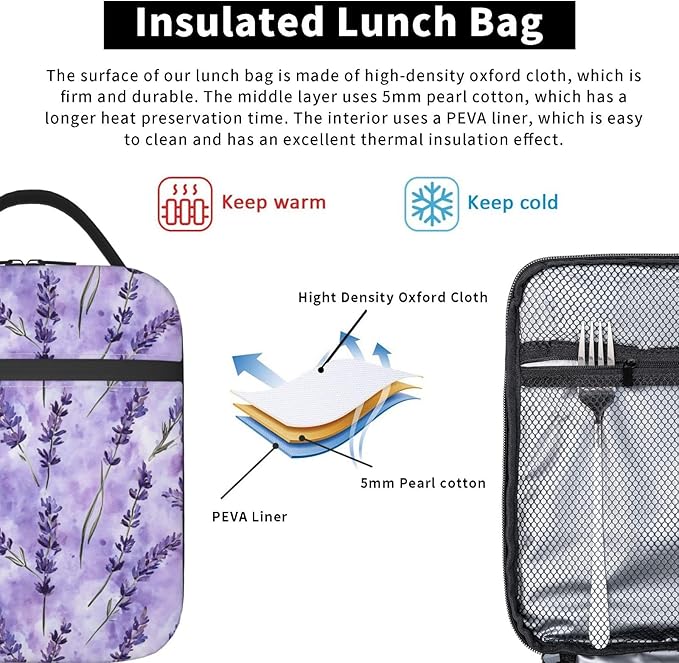 Lavender Lunch Box Insulated Lunch Bag for kids Girls Boys,Reusable Lunch Box Containers for Women Men,Durable Cooler Tote Bag Lunchbox for Office/School/Picnic