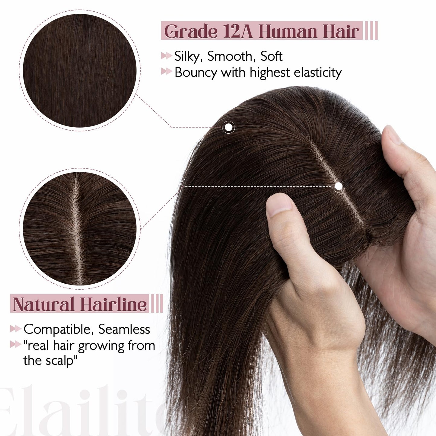 Elailite Hair Toppers for Women Real Human Hair Topper Thinning Thin 5.1x2.8 Silk Base Clip in Remy Hairpieces 14 Inch Dark Brow