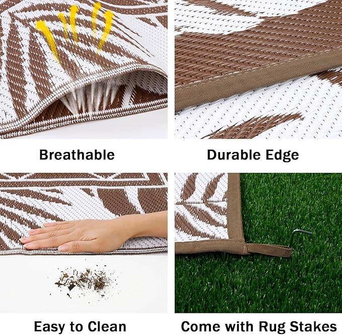 Ileading Outdoor Rug Carpet for Patio 8'x10' Waterproof Reversible Plastic Straw Rug Portable Outside Area Rug Camping Mat for Patio, Clearance, Balcony, Picnic, Pool, Beach, RV, Deck, Brown