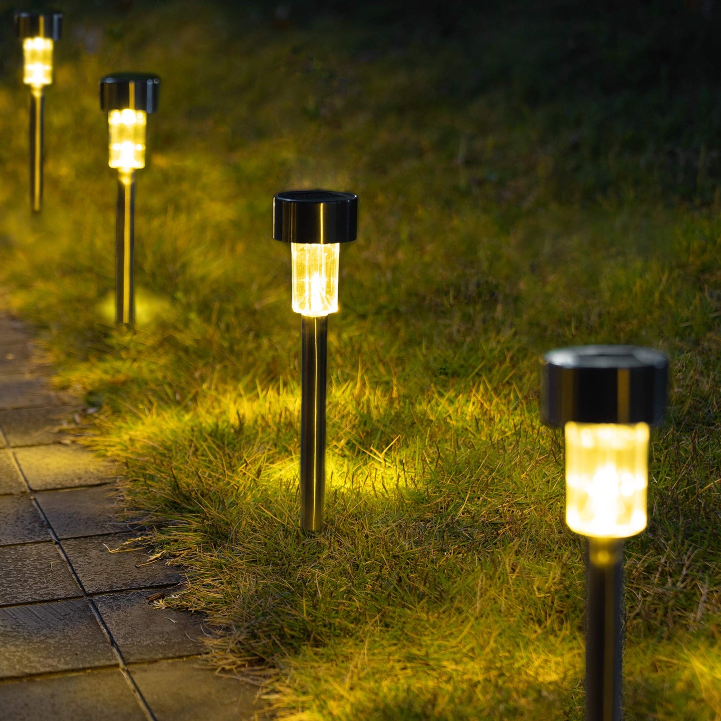 GIGALUMI Solar Pathway Lights 12 Pack, Stainless Steel, IP44 Waterproof, Warm White, Model 8374-12N