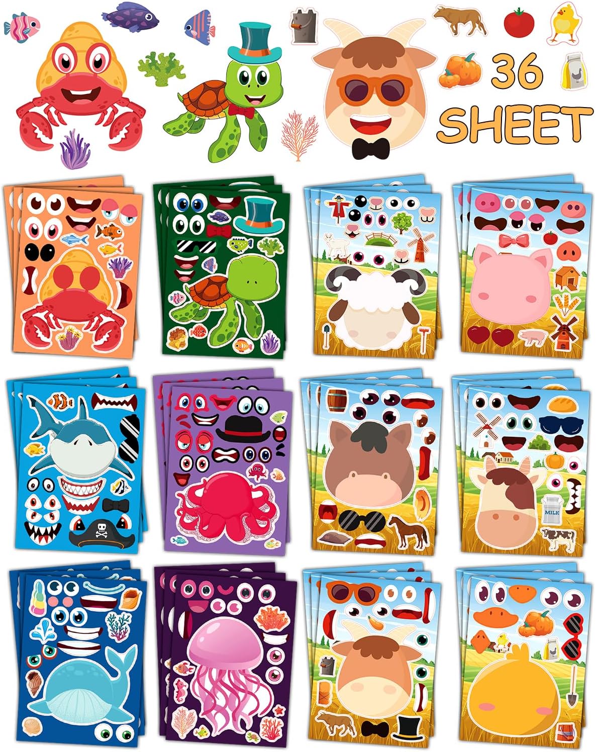 36 Sheets Stickers for Kids Toddlers Party Favors, Mixed Animals Make a Face Stickers Goody Bag Stuffers, Crafts for Kids Activities Classroom Supplies School Teacher Must Haves