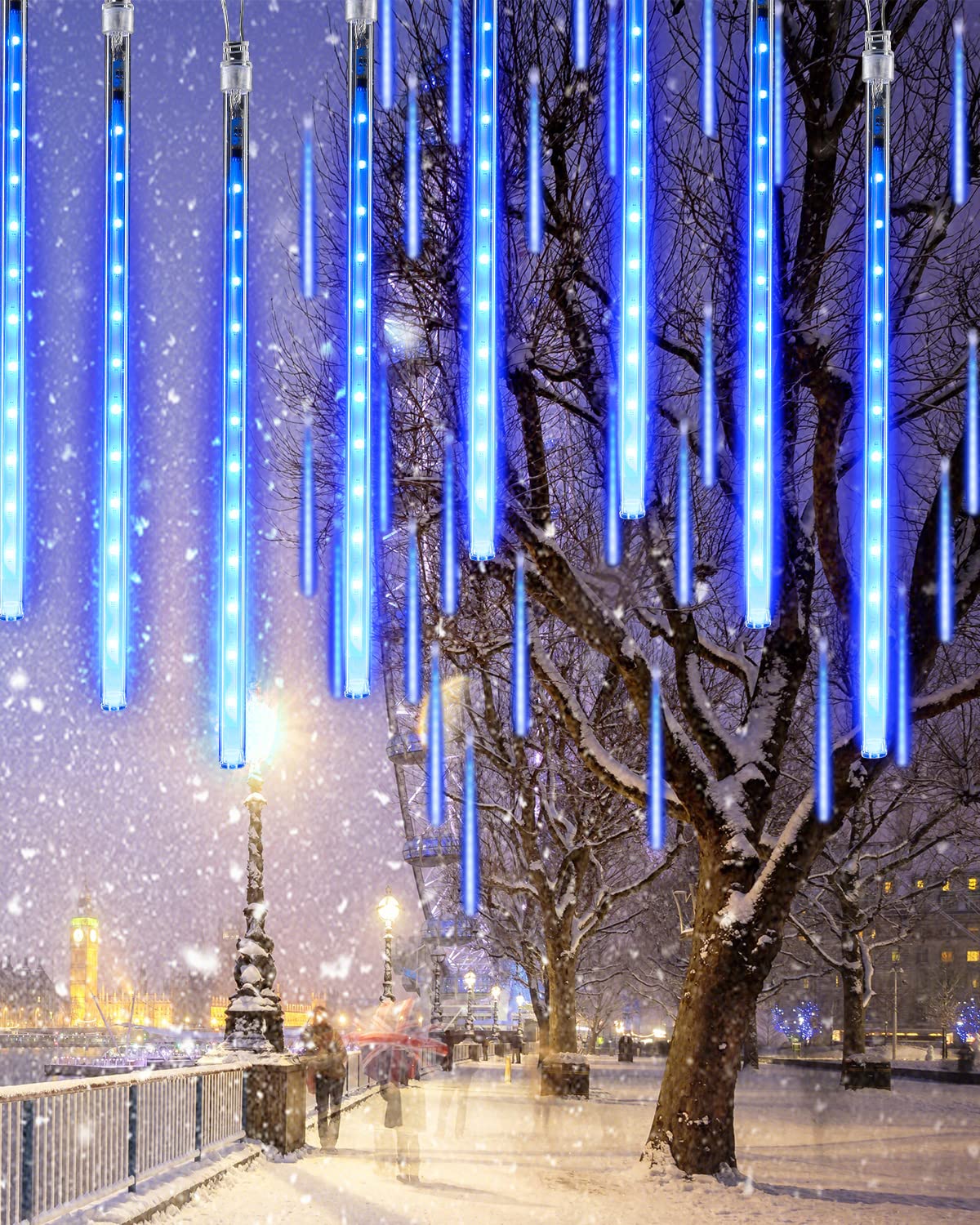 Flacchi LED Raindrop Lights, 10 Tubes, Blue, Meteor Shower Icicle Lights with Timer Function, Model GP-SW070DC0514T-IP44(US)