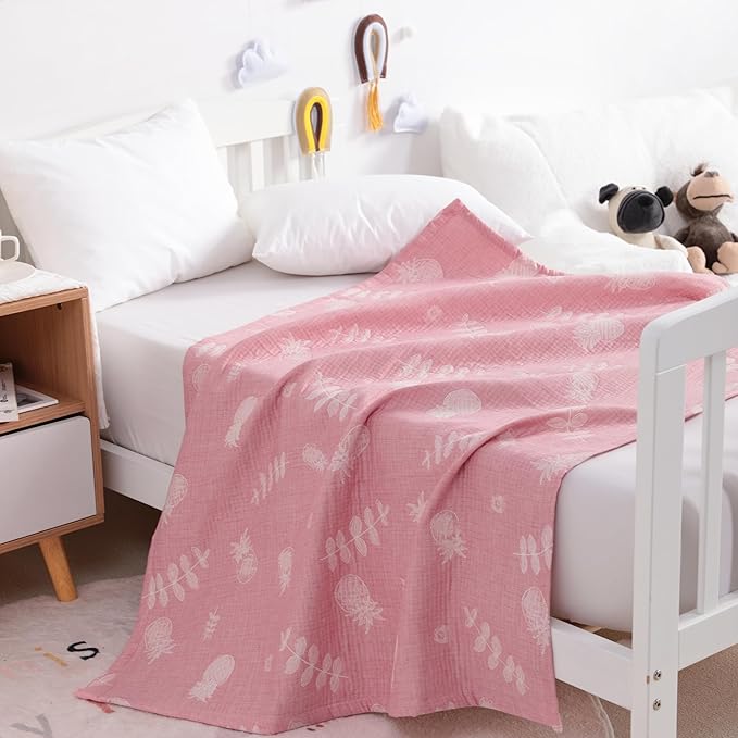 NTBAY 3 Layer Oversized Muslin Cotton Toddler Blanket, 45x60 Inches Jacquard Reversible Nursery Bed Blanket, Super Soft and Thermal Crib Blanket for All Seasons, Baby Gift, 45"x60", Pink Pineapple