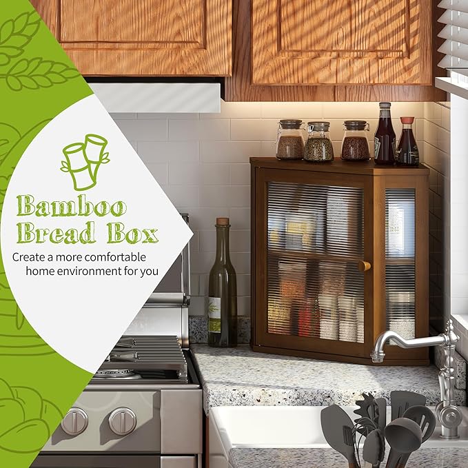 BMOSU Corner Bread Box for Kitchen Countertop Double Layer Bamboo Wooden Bread box Large Capacity Bread Storage Bin(Brown, Medium)