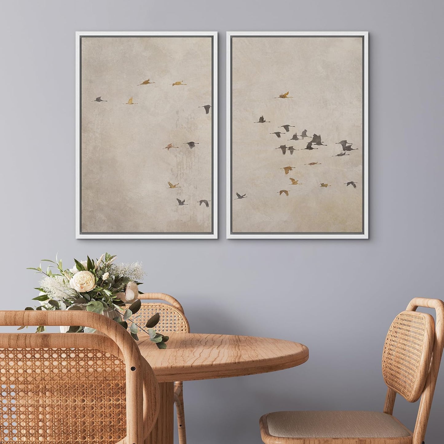 SIGNWIN Framed Canvas Print Wall Art Set Flying Birds Silhouette Minimalist Beige Illustrations Modern Minimal Decorative for Living Room, Bedroom, Office - 16"x24"x2 White