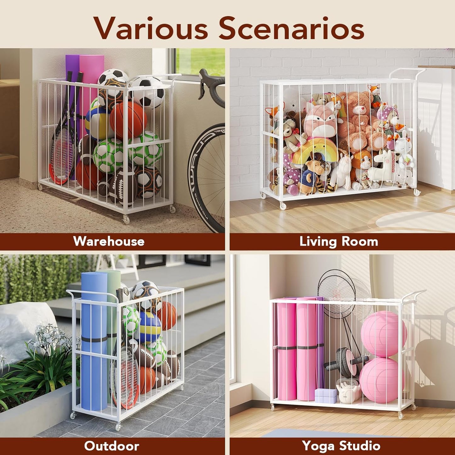 Ball Storage Bin Rolling Sports Ball Cart, Metal Garage Organizer Sport Rack, Ball Basket Storage, Ball Cage for Garage or Gym, Indoor & Outdoor Sports Equipment Organizer