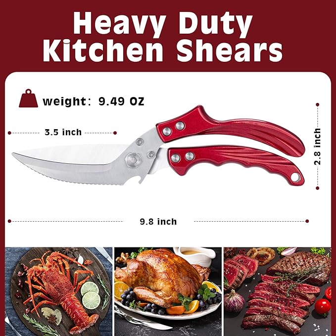 Kitchen Shears Kitchen Scissors for Food - Heavy Duty Stainless Steel Poultry Shears for Thanksgiving, Chicken, Bone, Meat, Turkey, Fish,Multi Purpose Scissor for Cutting Cooking, Dishwasher (Red)
