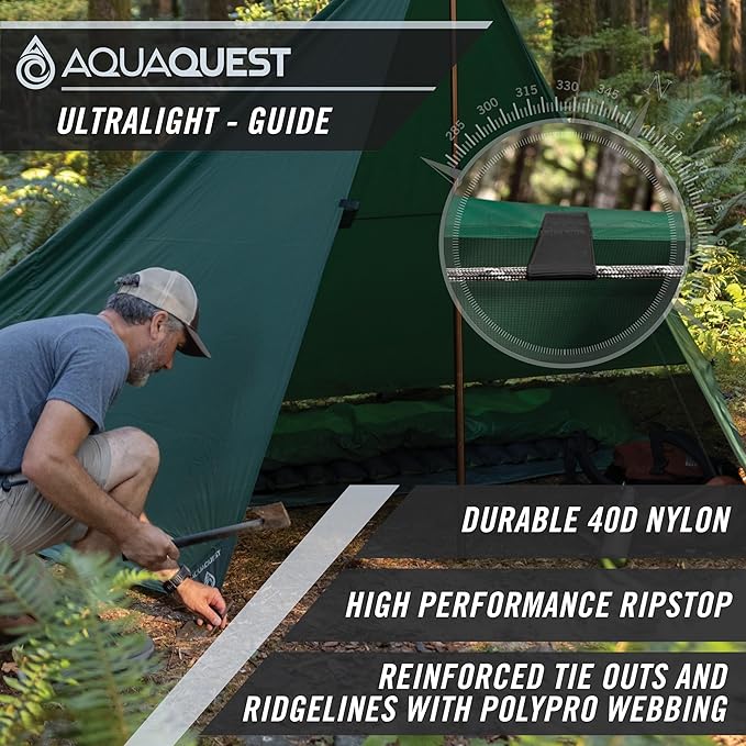 AquaQuest Guide Camping Tarp - Ultralight Tent Cover or Rain Fly - Waterproof Camping Gear Must Haves for Hiking, Hammock, Bivy & Survival, 20 x 13 ft, Forester Green
