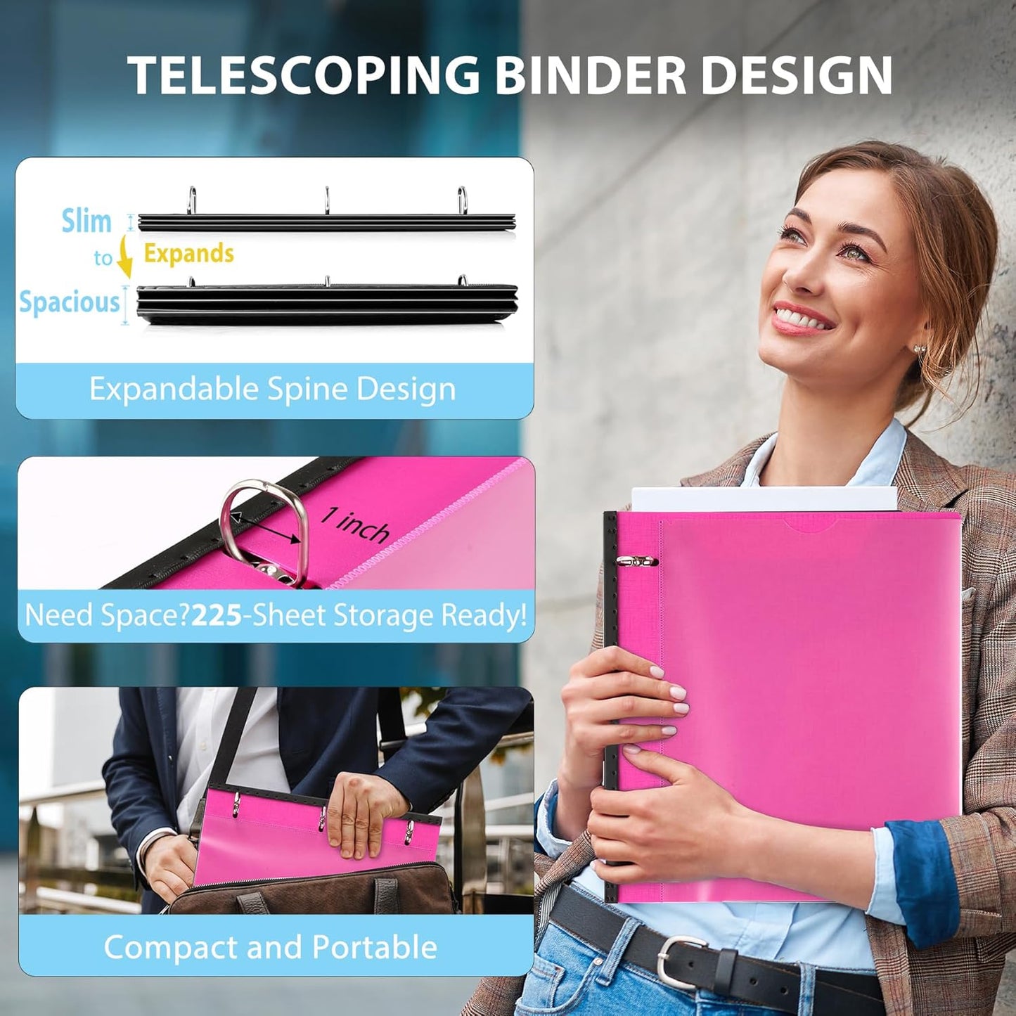 WOT I 4-Pack Telescoping 3 Ring Binder 1 Inch, Expandable Flexible Binder - Patented Design for Easy Portability, Holds 225 Sheets, 4 Bright Colors, Perfect for School, Office&Home Organization
