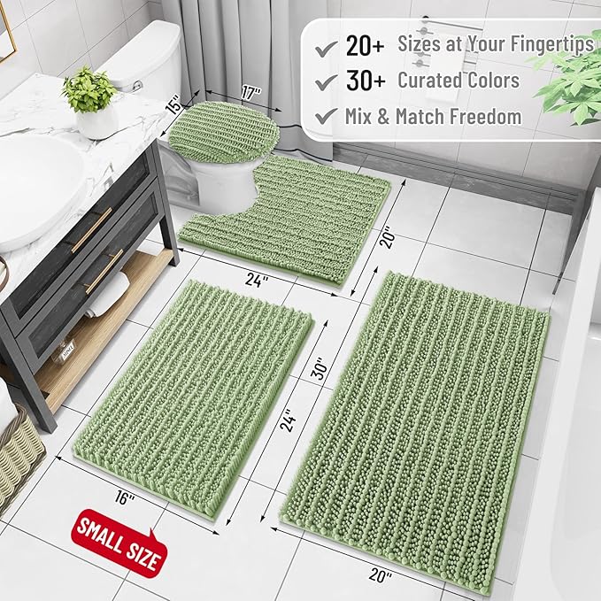 Arotive Luxury Chenille Bathroom Rug Mat, Extra Soft Thick Absorbent Shaggy Bath Rugs, Non-Slip Machine Wash Dry, Plush Bath Mats for Bathroom, Shower and Tub, 44x24, Sage Green