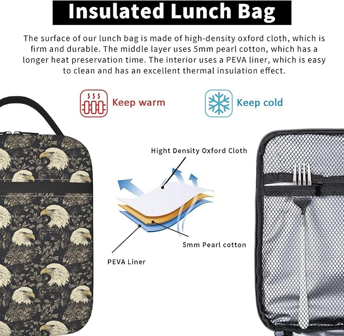 Vintage Eagle Lunch Box for Adults,Women,Men,Majestic Bird and Leaf Design Insulated Lunchbox,Leakproof Tote Bag,Reusable Cooler Bags for Work,Picnic,Office,Travel,Practical Lunchbag Gifts