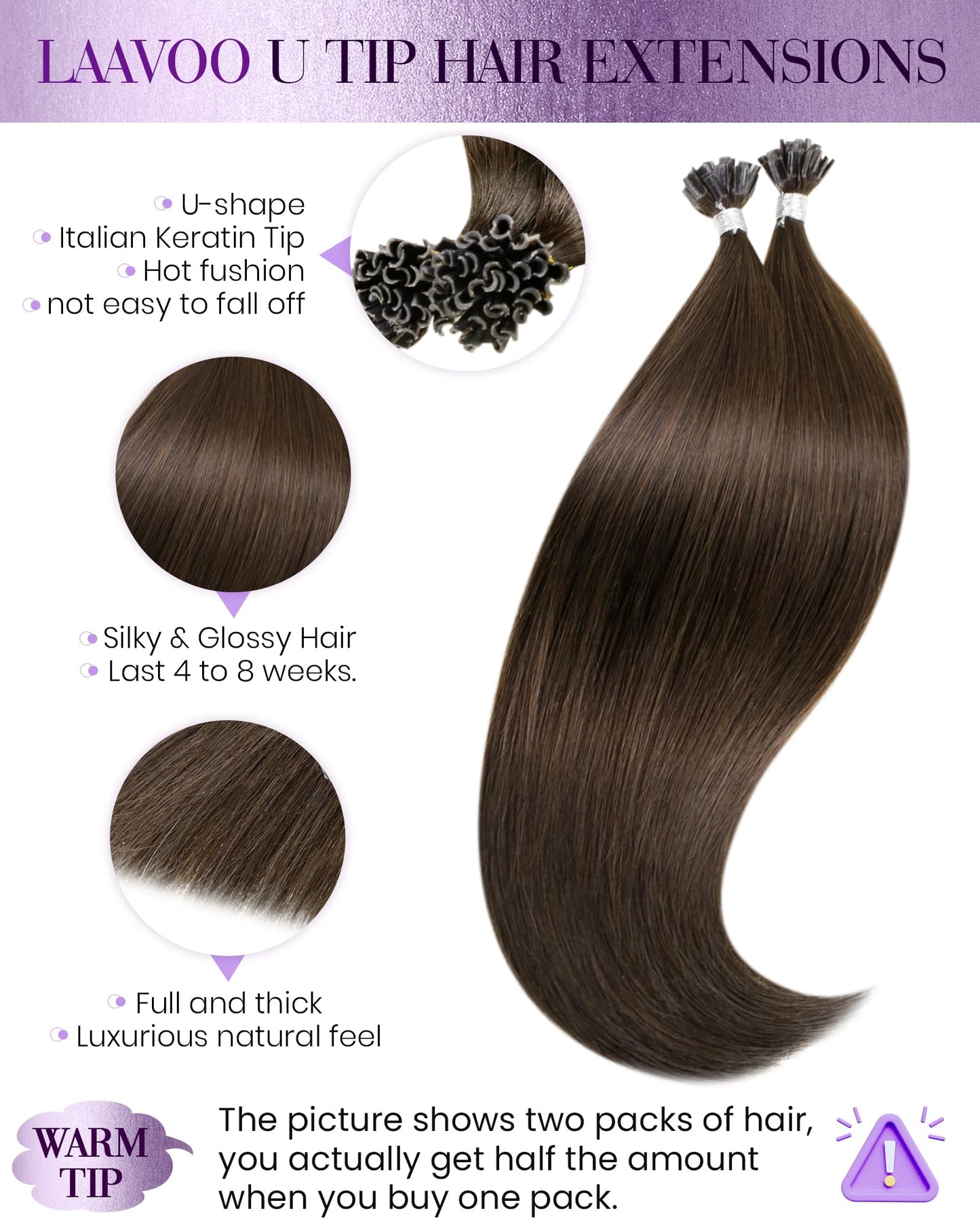 LaaVoo U Tip Hair Extensions Human Hair Medium Brown K Tip Hair Extensions Real Human Hair Brown Ktip Human Hair Extensions Brow