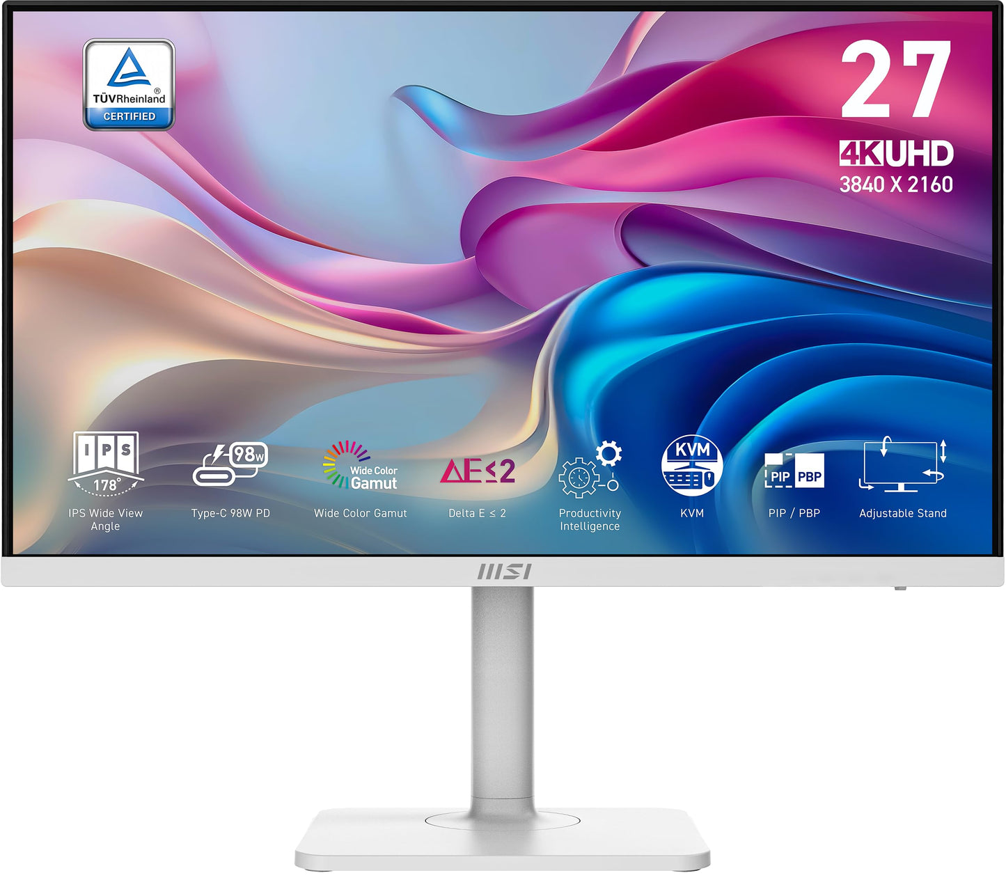 MSI Modern MD272UPHW 27-inch IPS 3840 x 2160 (UHD) Computer Monitor,60 Hz,Adaptive-Synch,Display HDR 400,HDMI,DisplayPort,KVM,VESA Mountable,Height Adjustable,Speaker,White