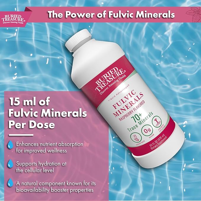 Buried Treasure Fulvic Mineral Complex - 32oz, Natural Raspberry Flavor with Over 70 Plant Derived Minerals Non-GMO Electrolyte Replacement Vegetarian Safe Daily Essential and Trace Minerals
