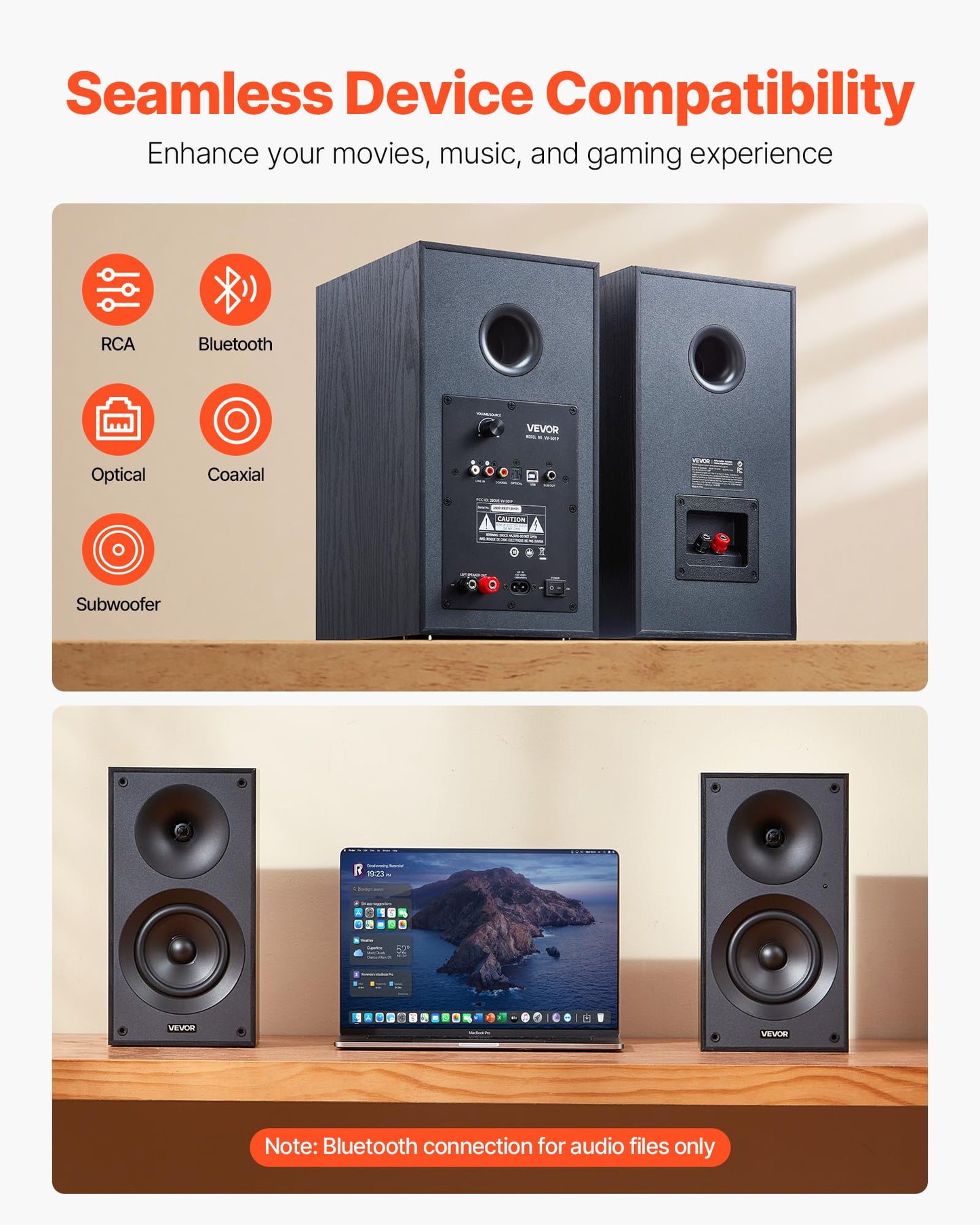 Vevor Powered Bookshelf Speakers, 25W X 2, Active Studio Monitor Speaker With 5.25 Inch Woofer, Bluetooth/Rca/Coaxial/Optical/Us