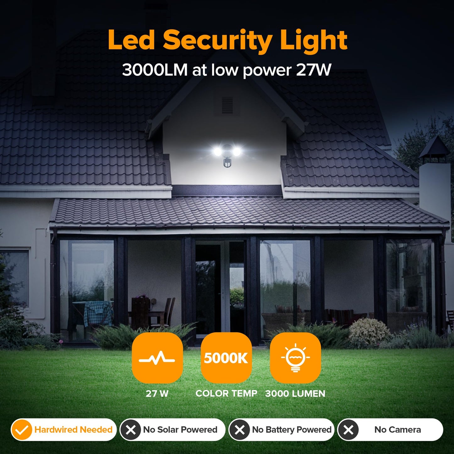 Ume Led Security Light Motion Sensor Outdoor Lights  27W 3000Lm  5000K  Ip65 Waterproof  Dusk To Dawn  2 Head Motion Detector Flood Light For Outside  Garage  Yard (Black)
