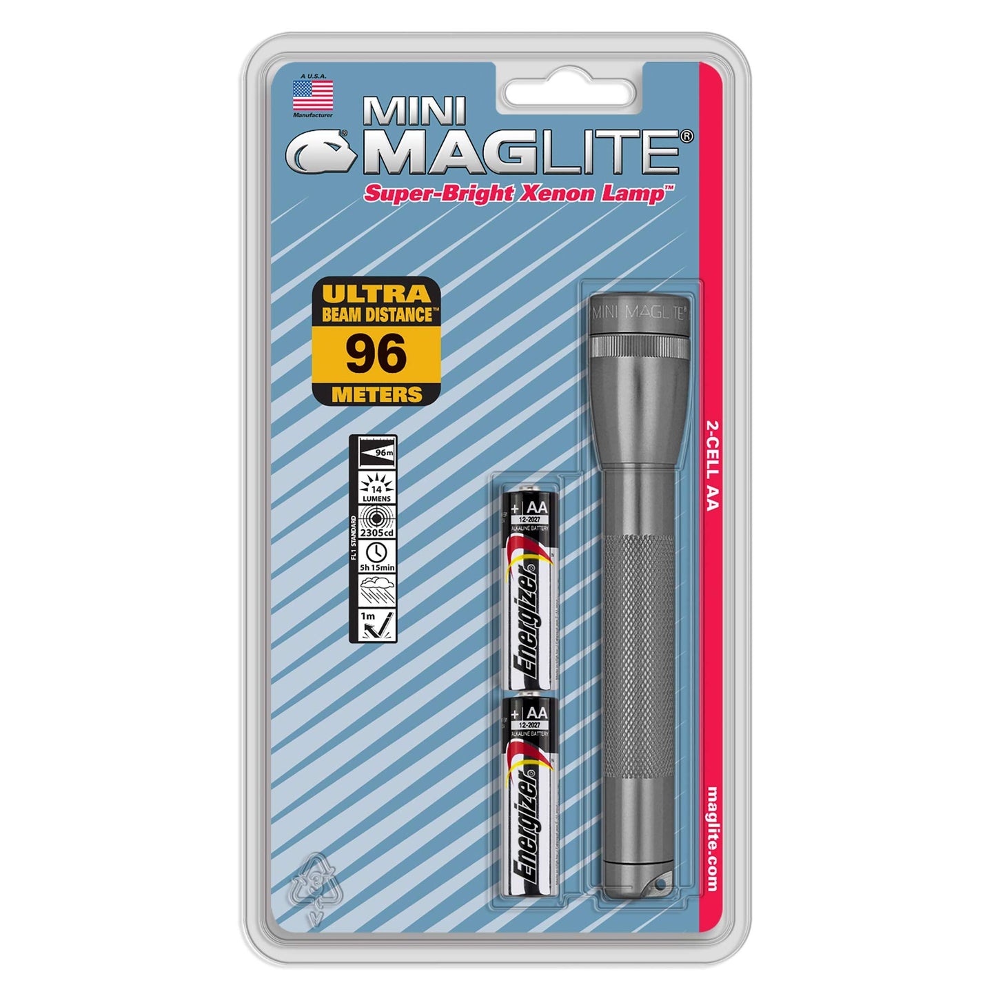 MagLite Mini Incandescent Flashlight M2A096, Aluminum, 2-Cell AA, One Size, Gray