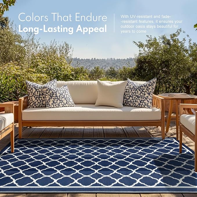 Waterproof Outdoor Rug 5x8 ft, Reversible Plastic Straw Rug, Easy to Clean Patio Rug, Portable Carpet for Patio, RV, Deck, Balcony, Backyard, Picnic, Beach, Clover, Navy Blue
