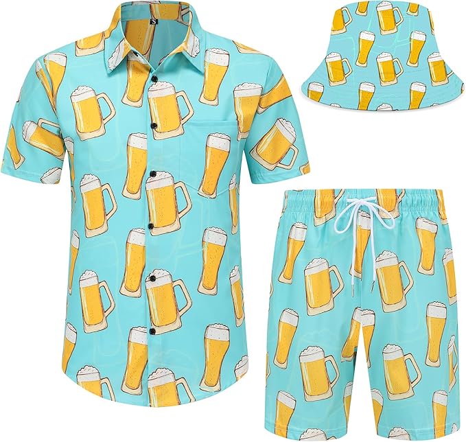 Spanoous Mens Hawaiian Shirts and Shorts Set Funny Hawaiian Shirts for Men Beach Outfits Sets with Bucket Hats