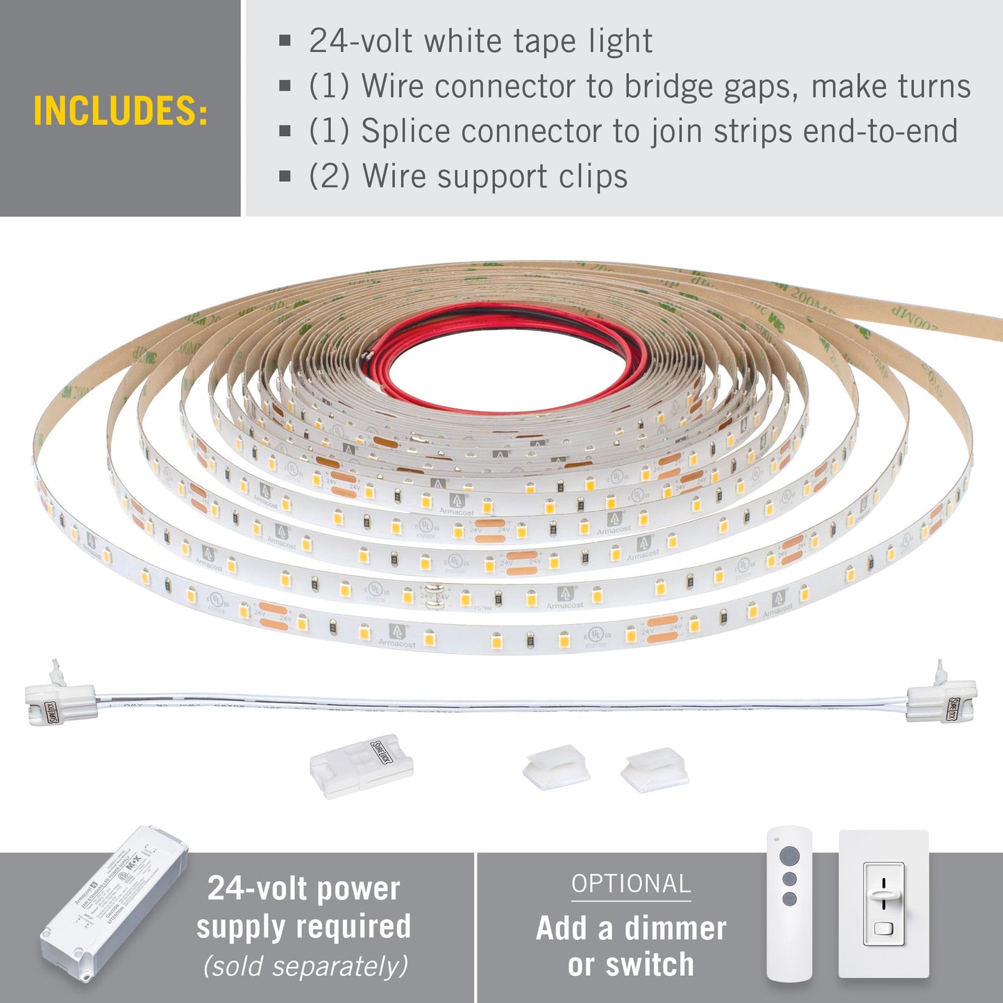 Armacost Lighting Ribbonflex Pro 24V White Led Strip Lights 60 Led/M  4000K  8.2 Ft 155210