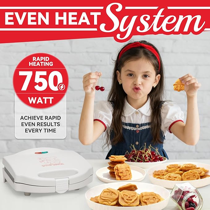 Spooky Mini Waffle Maker for Kids, Mini Pancake Maker Machine, Electric Small Waffle Iron, 8 Fun Character Waffle Maker, Gift for Christmas Halloween, White