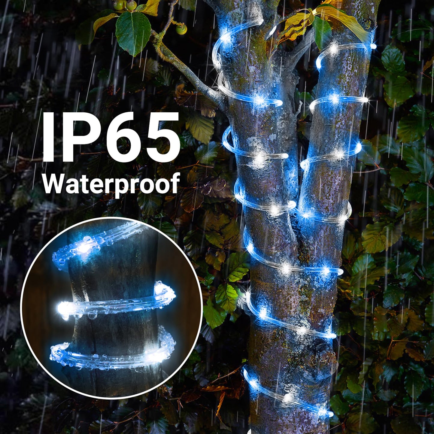 Jnaurb Solar Rope Lights, 200LED, 66ft, Waterproof, Flexible Tube Light, White & Blue for Garden, Patio, Pool, Christmas Decor