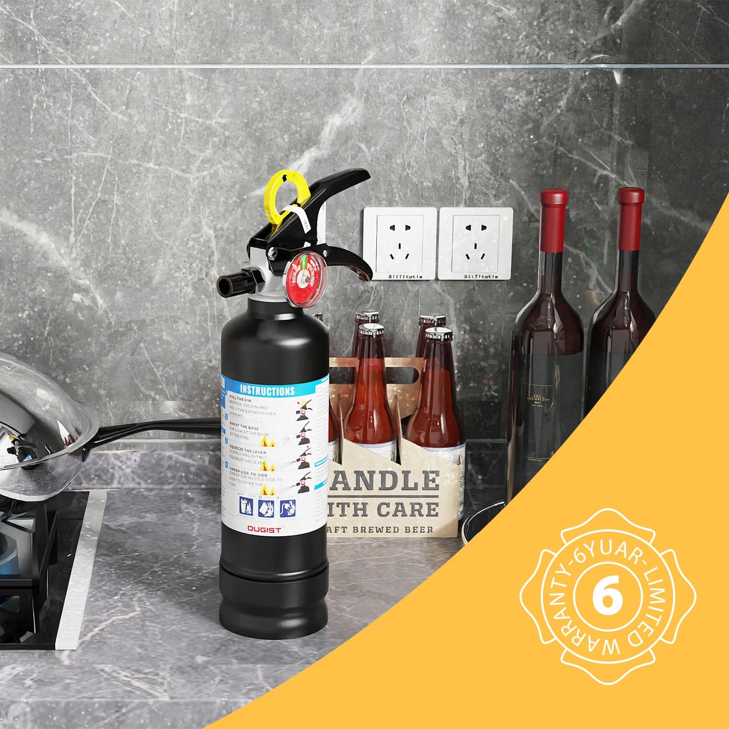 Ougist ABC Dry Powder Fire Extinguisher 2.5 lb 1‑A:10‑B:C Rated with Quick‑Release Handle for Home Kitchen Vehicle Safety Model FF1KG