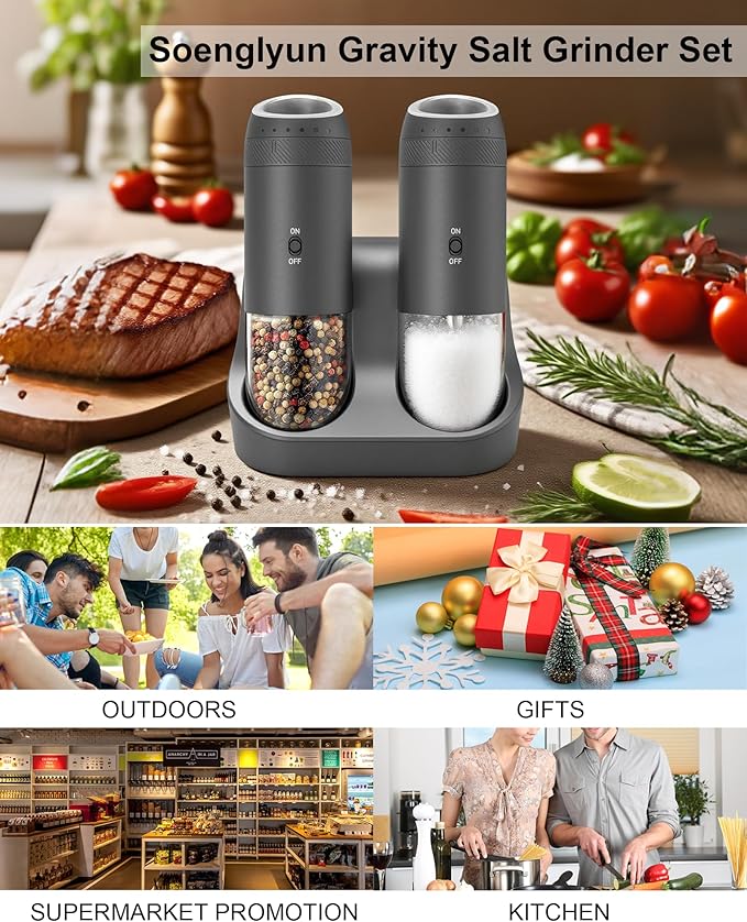 Gravity Salt and Pepper Grinder Set with Charging Base, Automatic Salt Grinder Electric with LED Light & 6 Adjustable Coarseness, One-Handed Operation and 176ml Capacity, Black