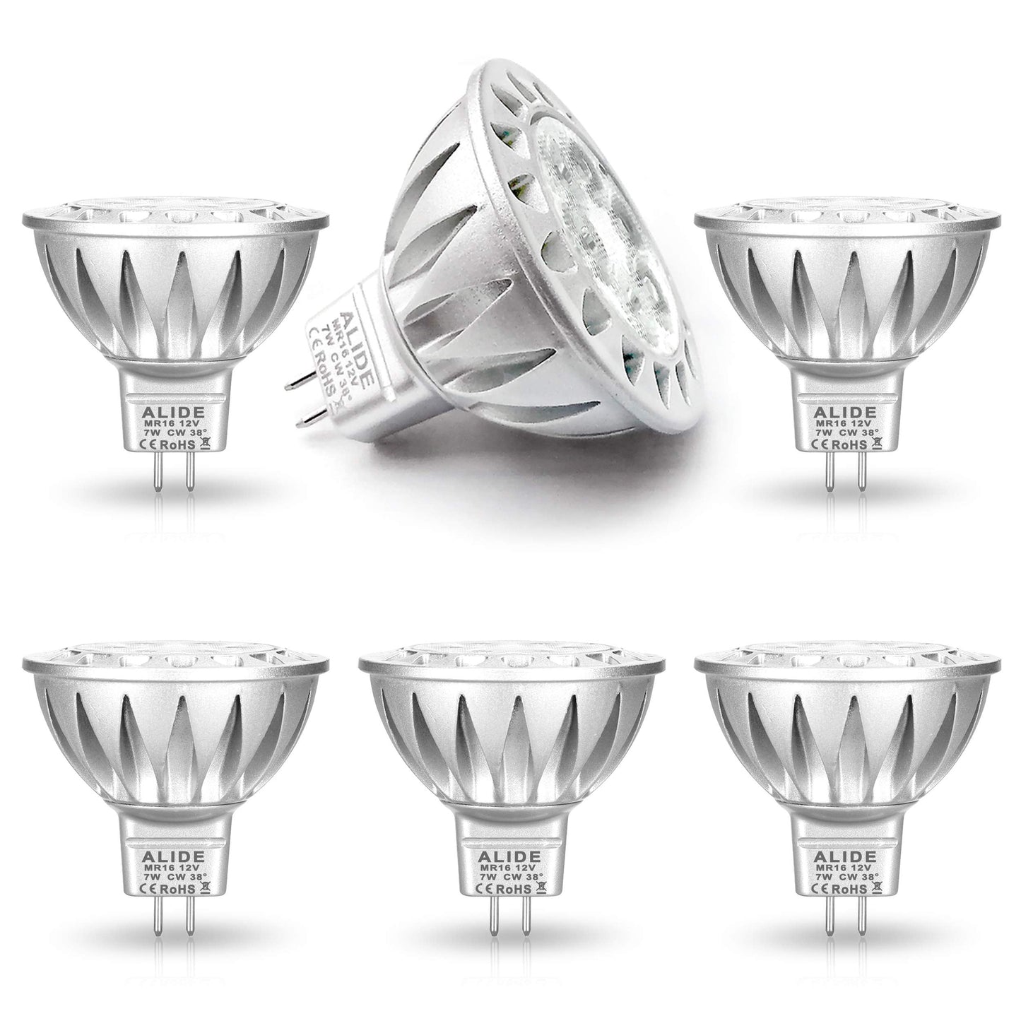 Alide Mr16 Led Bulbs 7W Daylight White 6 Pack, 12V Gu5.3 Aluminum Spotlight, 50W-75W Halogen Equivalent, Not Dimmable