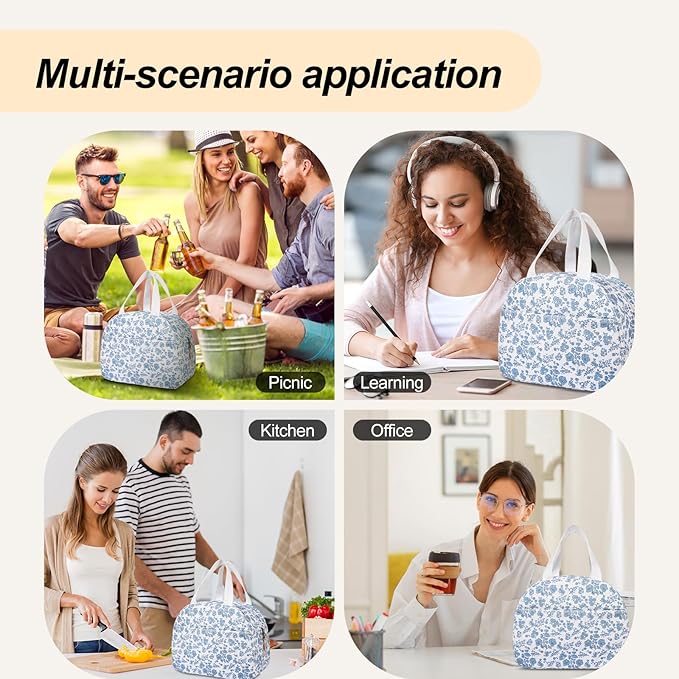 Lunch Box for Women,Cute Quilted Lunch Tote Bag,Reusable Insulated Lunch Box,Large Capacity Cooler Bag with Compartments for Work, Picnics or Travelling