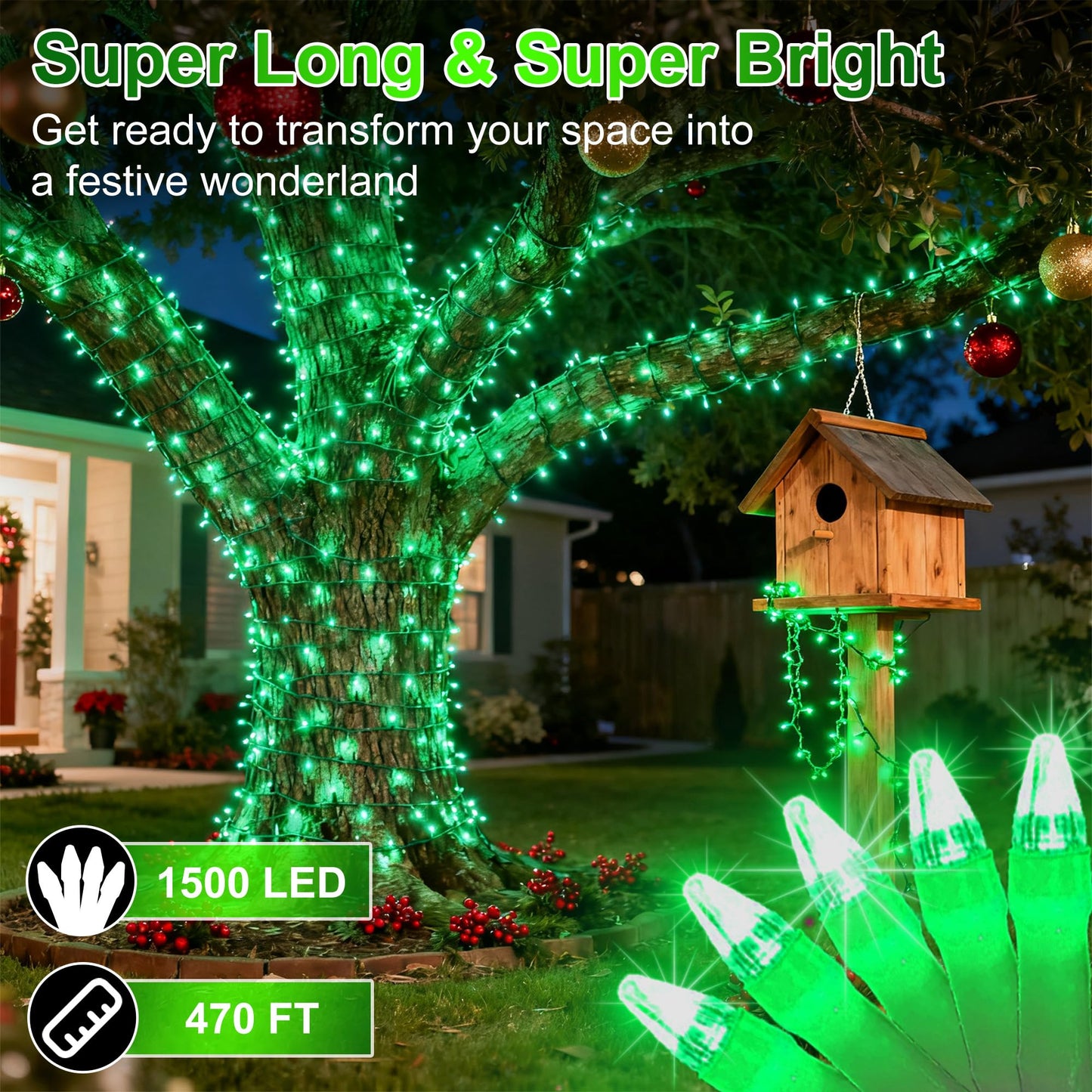 1500 Led 470Ft Christmas String Lights Outdoor  12 Pro Modes And Timer Memory & Brightness  Plug In Waterproof Clear Wire Twinkle Light For For Xmas Yard Tree Wedding Party Decor (Green)