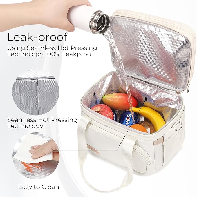 Lunch Box for Men Women - Double Deck Insulated Lunch Bag, Large Leak Proof Tote Cooler, Wide Open Dual Compartment Lunch Bags with Shoulder Strap, For Work Picnic Hiking Beach, Beige