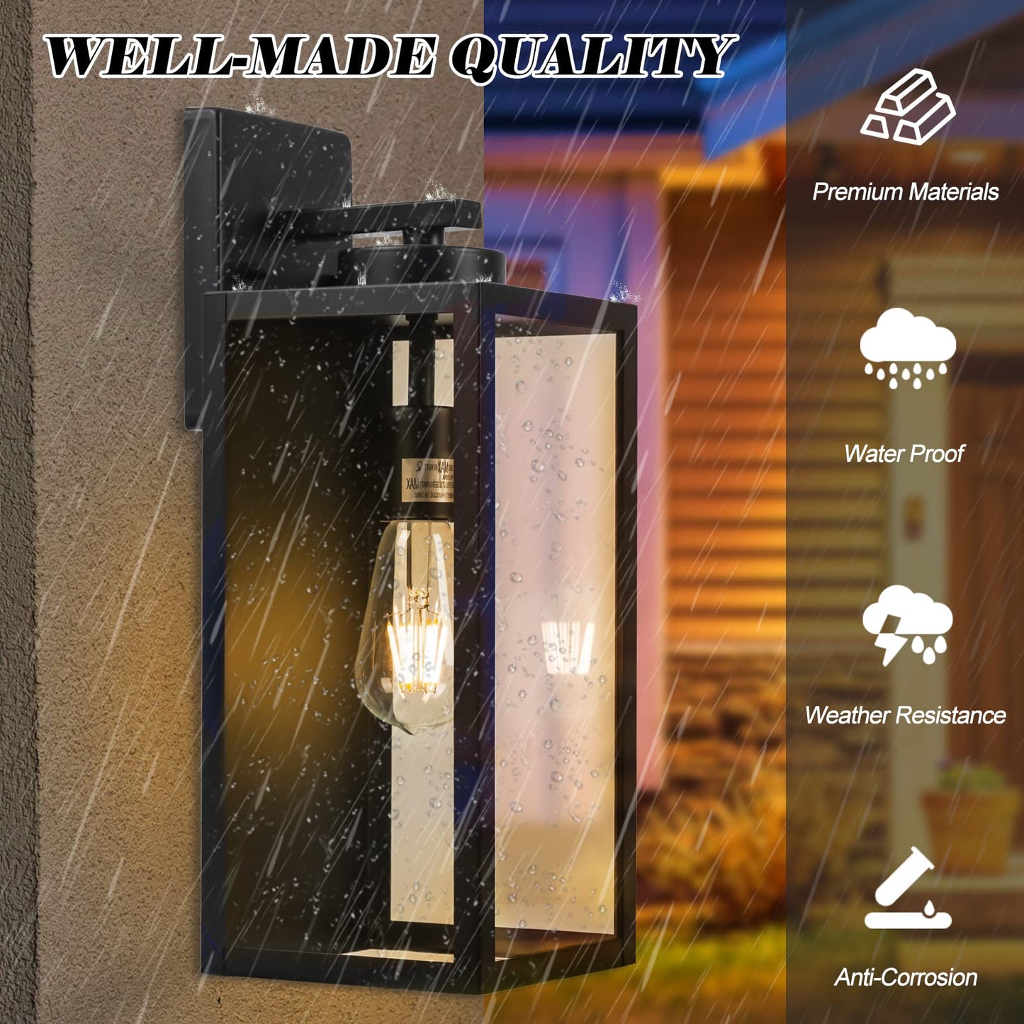 16-Inch Large Outdoor Wall Light Fixture  Black Exterior Wall Lantern Waterproof  Farmhouse Porch Sconce Lighting With Glass  Modern Wall-Mounted Outside Lights For House  Garage  Patio Lamp  2 Packs