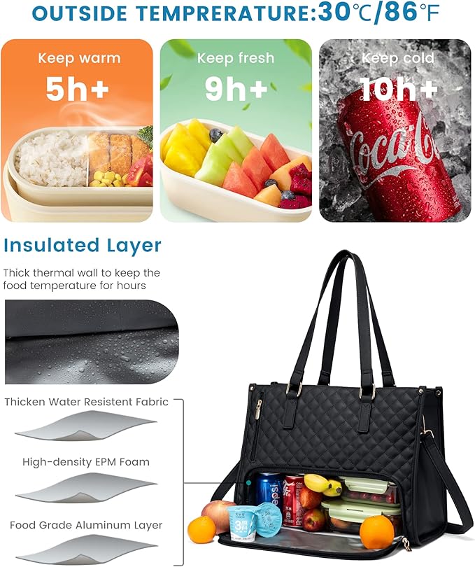 LOVEVOOK Lunch Tote Bag for Women, 15.6 Inch Laptop Bag with Insulated Lunch Compartment, Quilted Large Capacity Computer Handbag with Purse for Business, Work, Nurse, Office, Collage, Casual