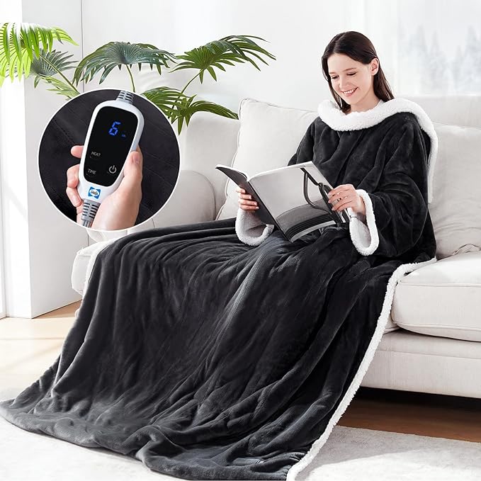 Sealy Electric Blanket Wearable with Foot Pocket, Electric Snuggle Blanket with Sleeves, Flannel & Sherpa Heating Throw wi...