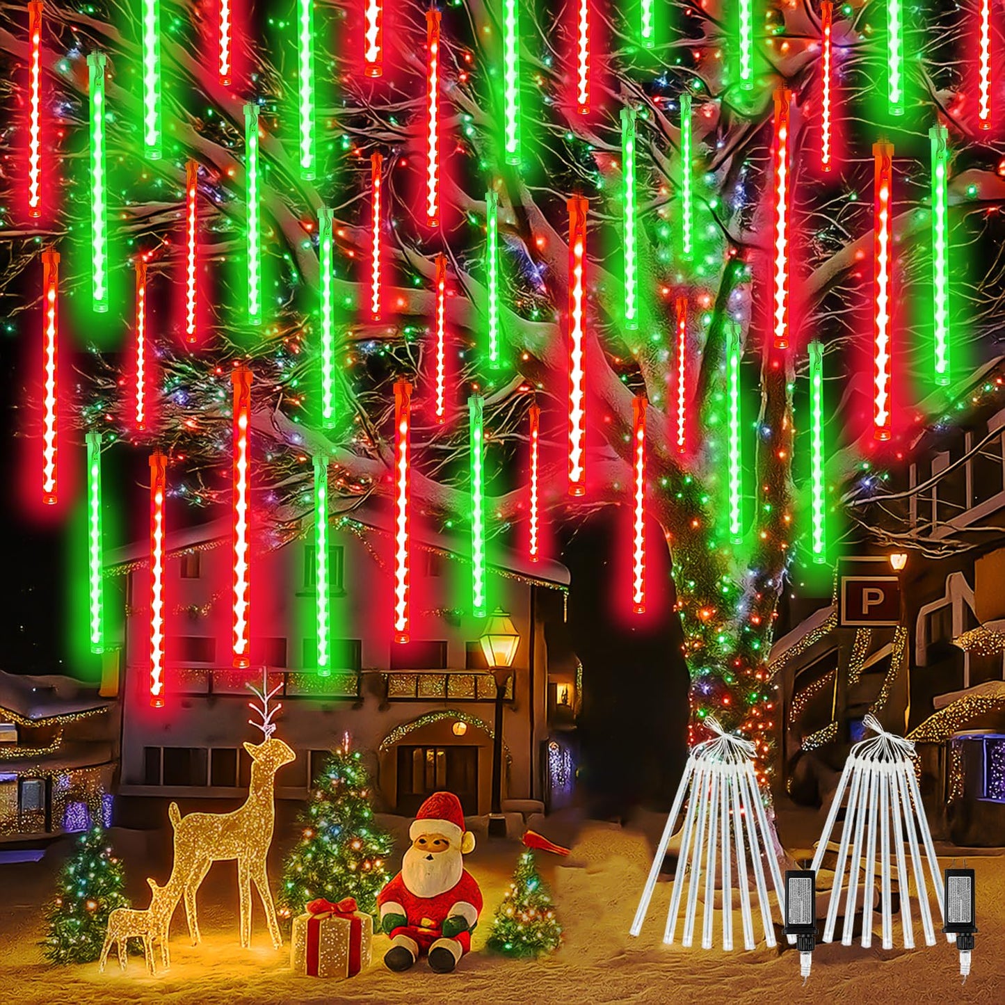 2-Pack Extendable Meteor Shower Christmas Lights Outdoor  16 Tubes 384 Leds Waterproof Falling Rain String Lights  Christmas String Lights Outdoor For Tree Garden Holiday Decorations (Red And Green)
