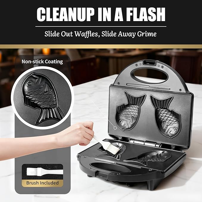 Taiyaki Fish Waffle Maker Machine with Non Stick Cooking Plate, Electric Japanese Fish Shaped Waffle Iron Pan, Korean Bungeoppang Pan, Recipe Included