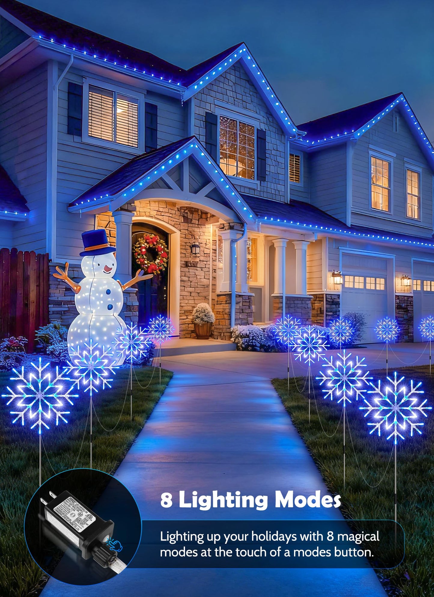 Brightown Large Snowflake Pathway Lights,Total 20-Pack 34" Outdoor Snowflake Christmas Lights Decor for Yard, 8 Modes Sidewalk Marker Stake for Driveway Walkway, IP44 Waterproof, Blue and White