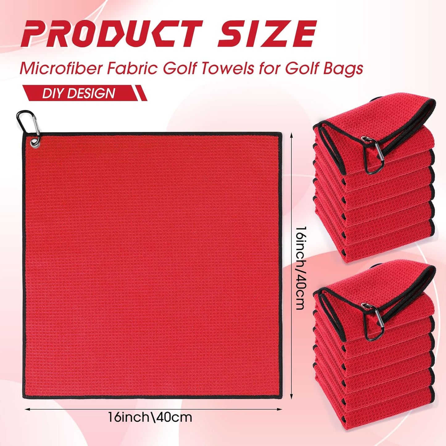 Batiyeer 30 Pcs Golf Towels Bulk for Bags 16'' x 16'' Microfiber Fabric Golf Towel with Clip Waffle Pattern for Men Mini Tournament Fitness Yoga Camping (Red)