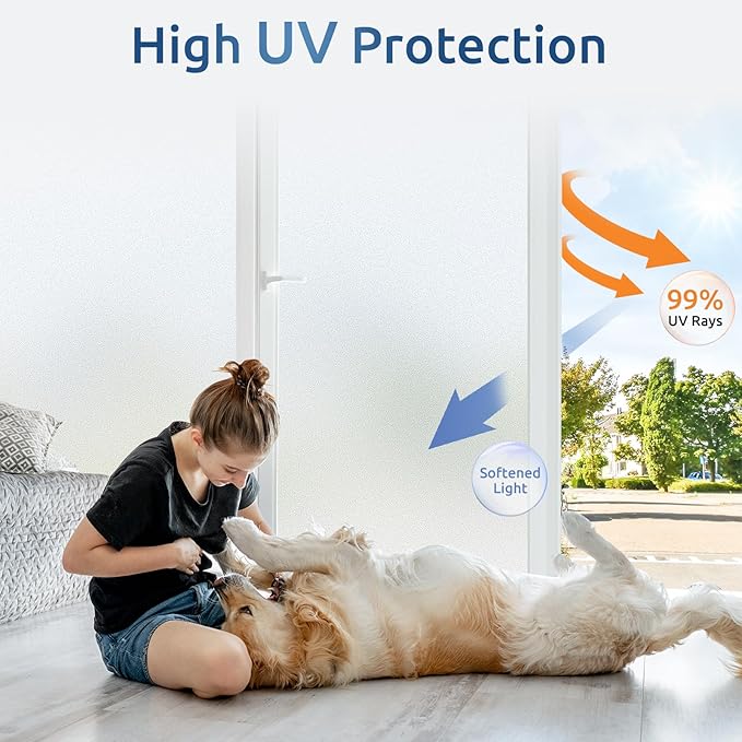 rabbitgoo Window Privacy Film for Glass Windows with Kit Decorative Clings UV Blocking Heat Control Static Cling Removable Bathroom Bedroom Door Home Coverings Pure, 23.6 x 157.4 inches