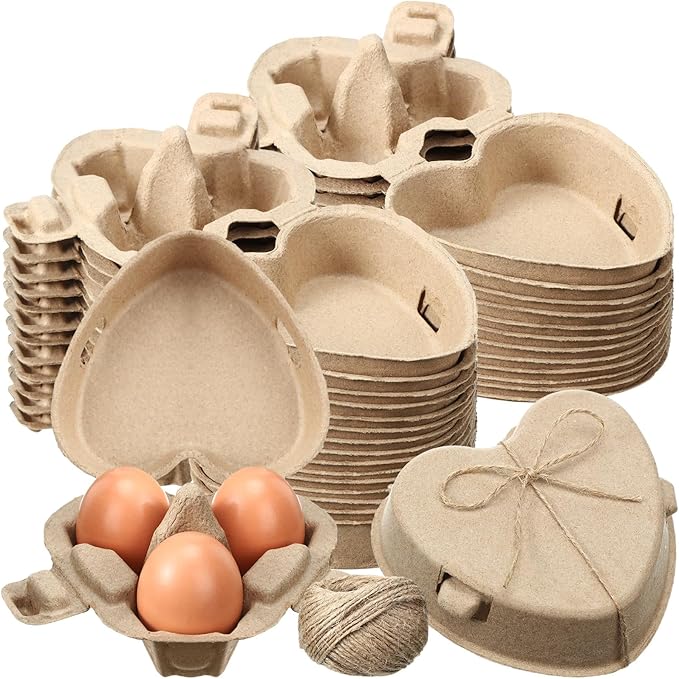 30 Pcs Easter Heart Shaped Eggs Cartons 3 Count Natural Paper Pulp Valentine Egg Cartons with Jute Rope Reusable Cardboard Storage Baskets Holder Tray for Kitchen Holiday Gifts Market Farm